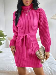 EURMUSE Turtleneck Lantern Sleeve Ribbed Knit Belted Sweater Dress - Hot Pink - View 4