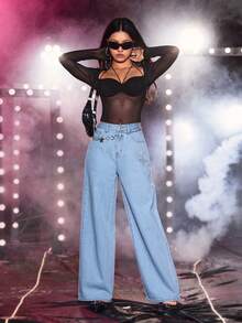 SHEIN 高腰蝴蝶圖案闊腿牛仔褲 - 淺色水洗藍 - 查看 8