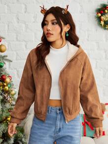 Muchica 拉鏈開襟插肩袖加絨內裏連帽夾克 - 駝色 - 查看 3