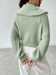 SHEIN Unity Jersey con cremallera cuarta de hombros caídos tejido de canalé - Verde - Ver 2