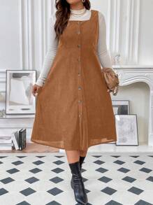 Flirla Plus Button Front Dress Without Sweater - Khaki - View 4