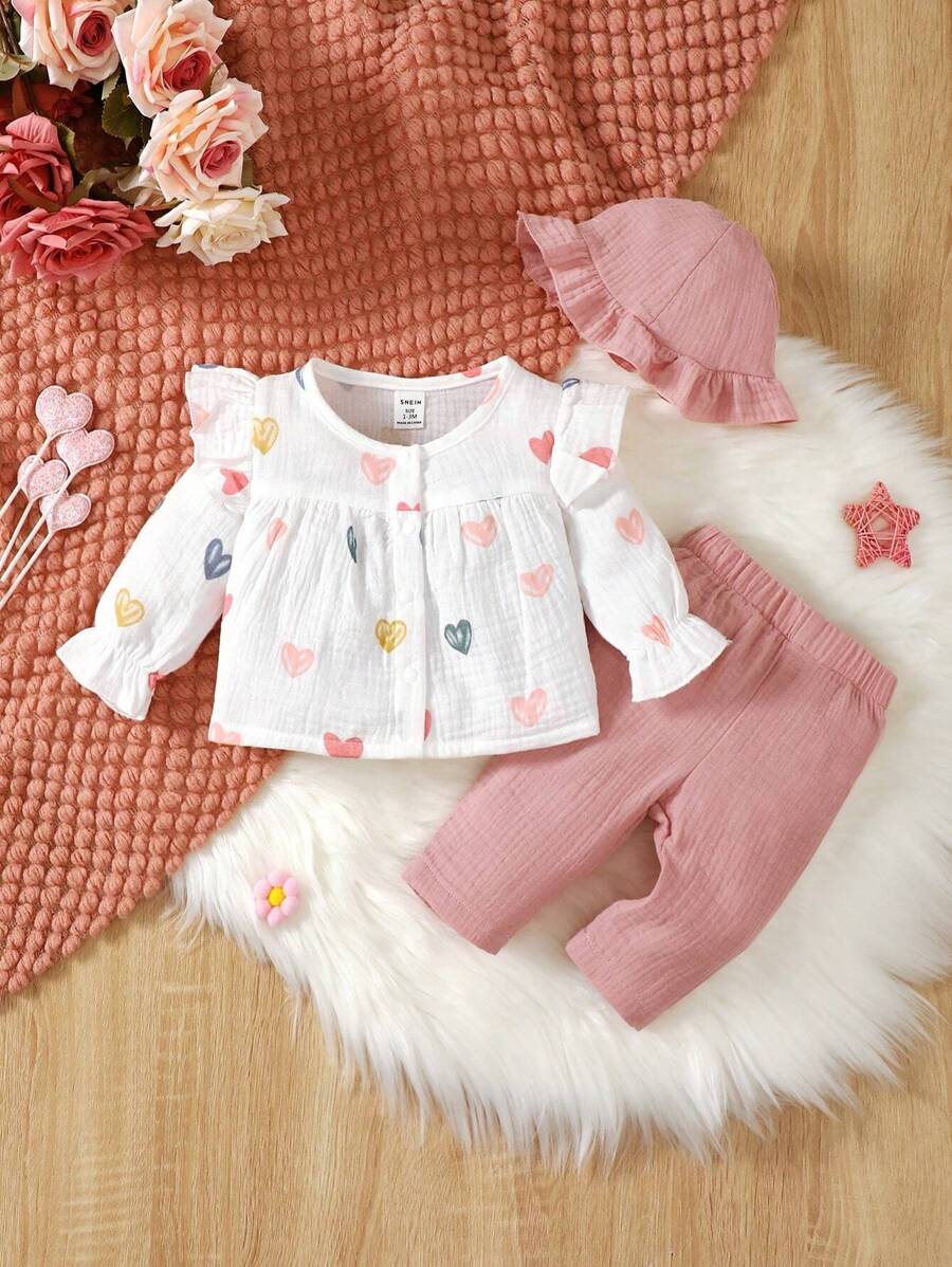 SHEIN 女嬰愛心圖案荷葉邊荷葉袖上衣和褲子和帽