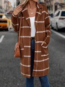 SHEIN LUNE Plaid Print Drop Shoulder Pocket Patched Overcoat - Redwood - View 1