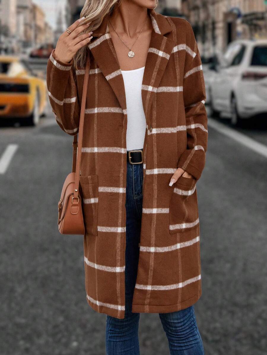 SHEIN LUNE Plaid Print Drop Shoulder Pocket Patched Overcoat - Redwood - View 1