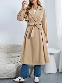 SHEIN Essnce Lapel Neck Drop Shoulder Belted Trench Coat - Khaki - View 5