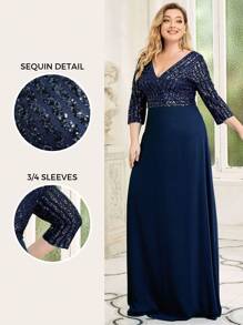 EVERPRETTY Plus Size V-Neck Sequin Contrast Color Chiffon Navy Blue Evening Dress, Formal Wedding Guest Dress For Autumn, Graduation Ceremony, Gala Dinner, Mother Of The Bride, Valentine's Day Glam Dresses - Navy Blue - View 6