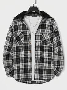 RueChic Men Plaid Print Dual Pocket Hooded Jacket Without Tee - Black - View 1