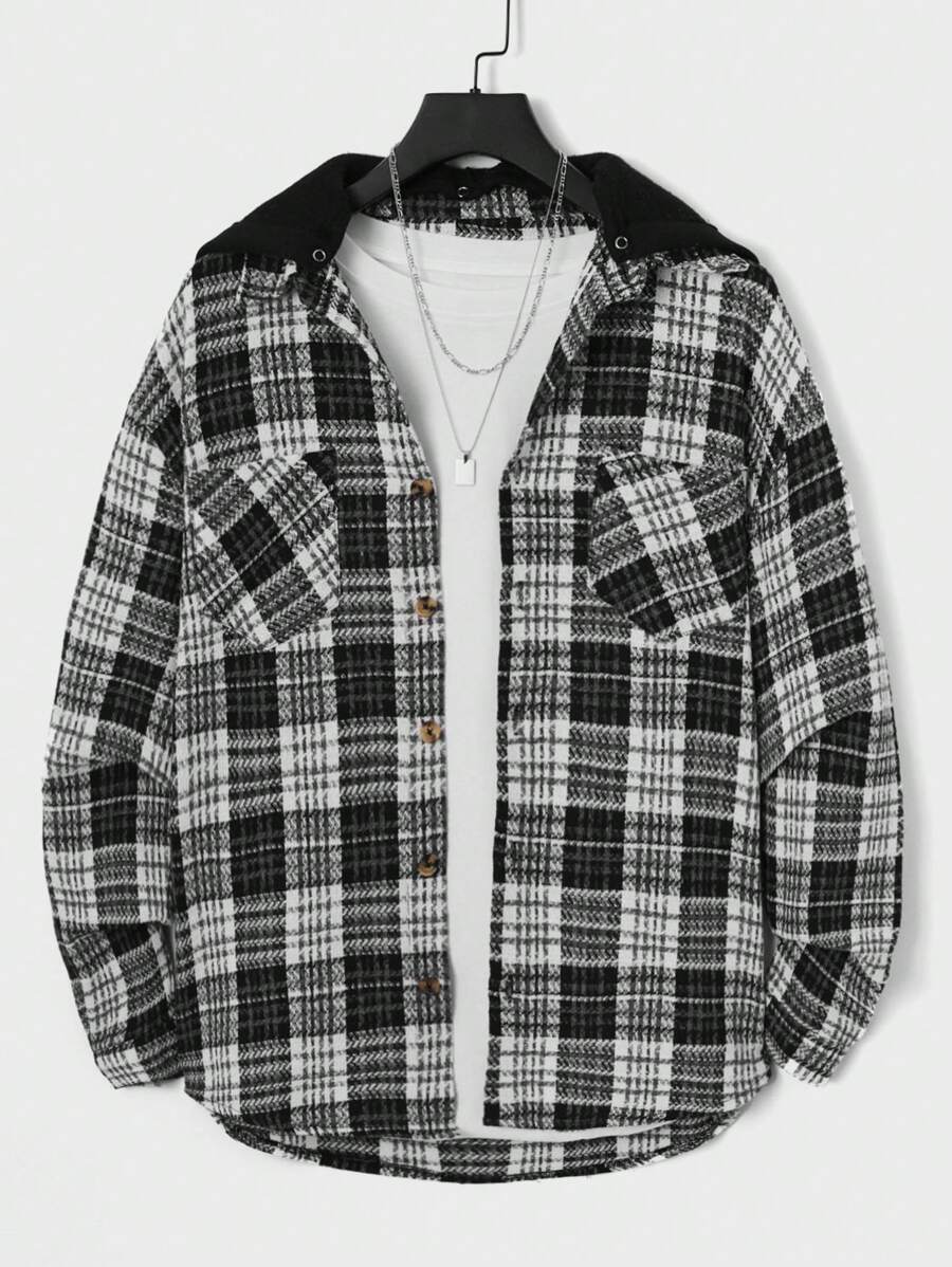 RueChic Men Plaid Print Dual Pocket Hooded Jacket Without Tee - Black - View 1