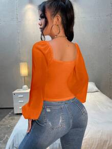 SHEIN SXY Sweetheart Neck Lantern Sleeve Knot Front Crop Blouse Going Out Tops - Orange - View 2