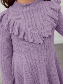 SHEIN Leap Crew Chica Joven Vestido ribete con fruncido de cuello alto - Morado - Ver 5