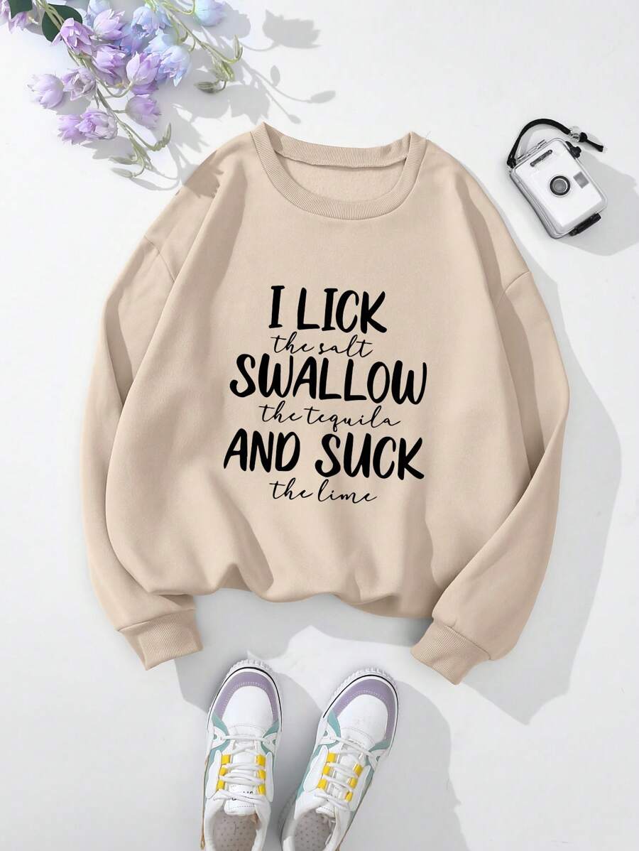 SHEIN EZwear Hơn Đồ họa Khẩu hiệu Lót nhiệt Áo nỉ - Màu be - Xem 1