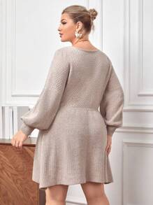 SHEIN Privé Plus Lantern Sleeve Sweater Dress - Khaki - View 2