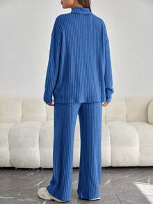 SHEIN Maternity Mock Neck Drop Shoulder Tee & Adjustable Waist Pants - Royal Blue - View 2