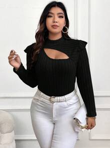 SHEIN Franclia Plus Cut Out Ruffle Trim Tee - Black - View 8