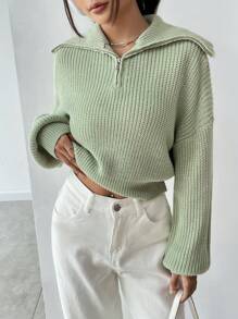 SHEIN Unity Jersey con cremallera cuarta de hombros caídos tejido de canalé - Verde - Ver 7