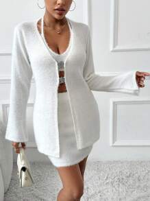 Zolique Unicolore Top En Tricot À Fines Brides & Jupe En Tricot & Cardigan - Blanc - Voir 5