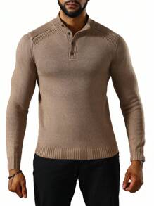 Manfinity Homme 男士四分之一按鈕紋理質感針織毛衣 - 駝色 - 查看 6