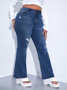 SHEIN SXY 大碼水鑽蝴蝶樣式牛仔喇叭褲 - 深色水洗藍 - 查看 6