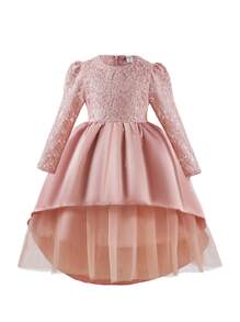 SHEIN 女大童蕾絲拼接泡泡袖網紗拼接下擺派對禮服 - 粉色 - 查看 3