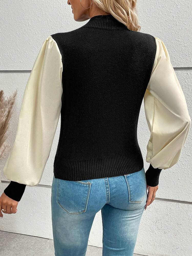 Two Tone Mock Neck Lantern Sleeve Knit Pullover Fall Winter Sweater