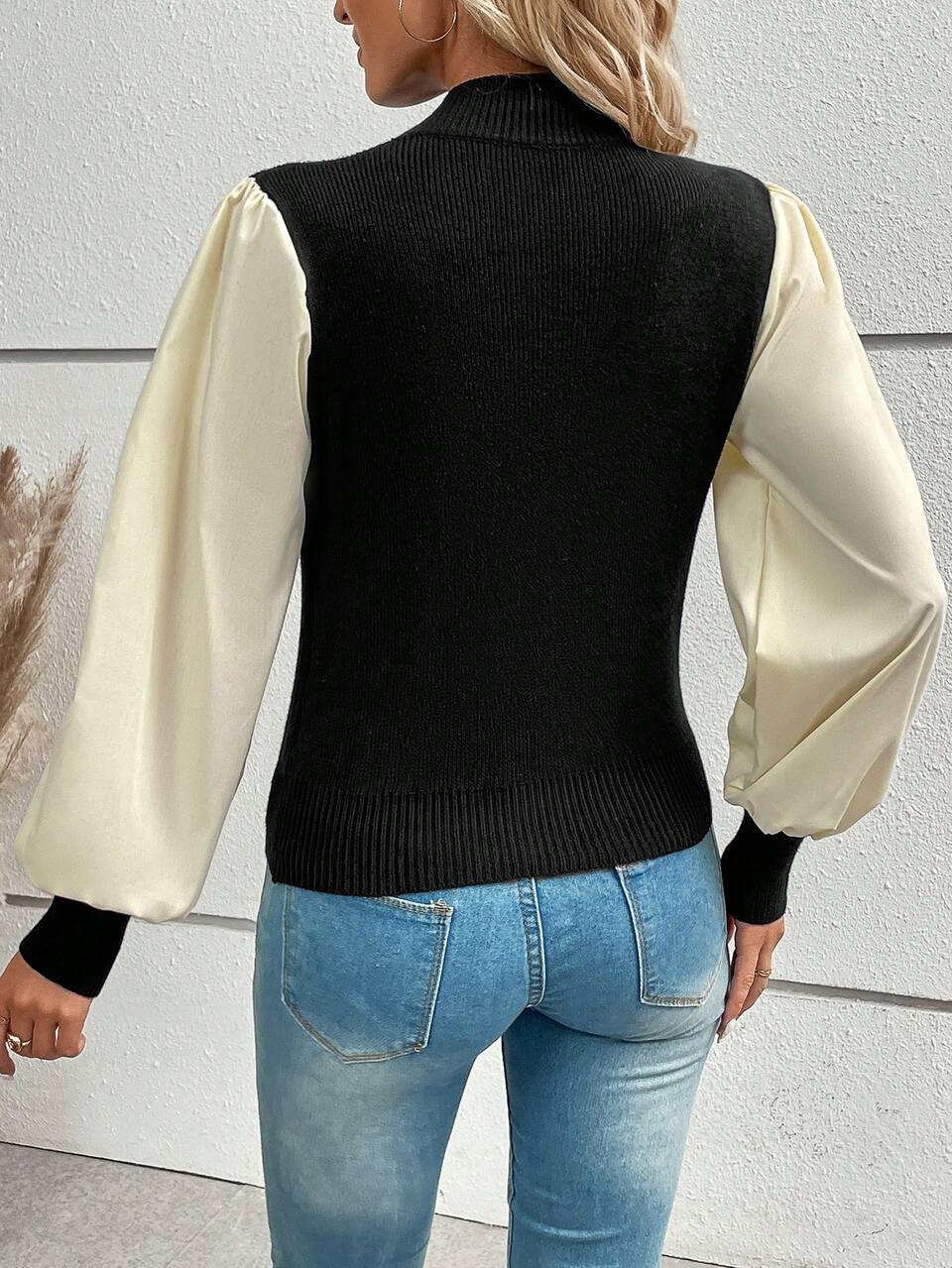 Two Tone Mock Neck Lantern Sleeve Knit Pullover Fall Winter Sweater