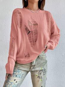 Muchica Chất rắn Thả vai Rách Áo len - Bụi hồng - Xem 5