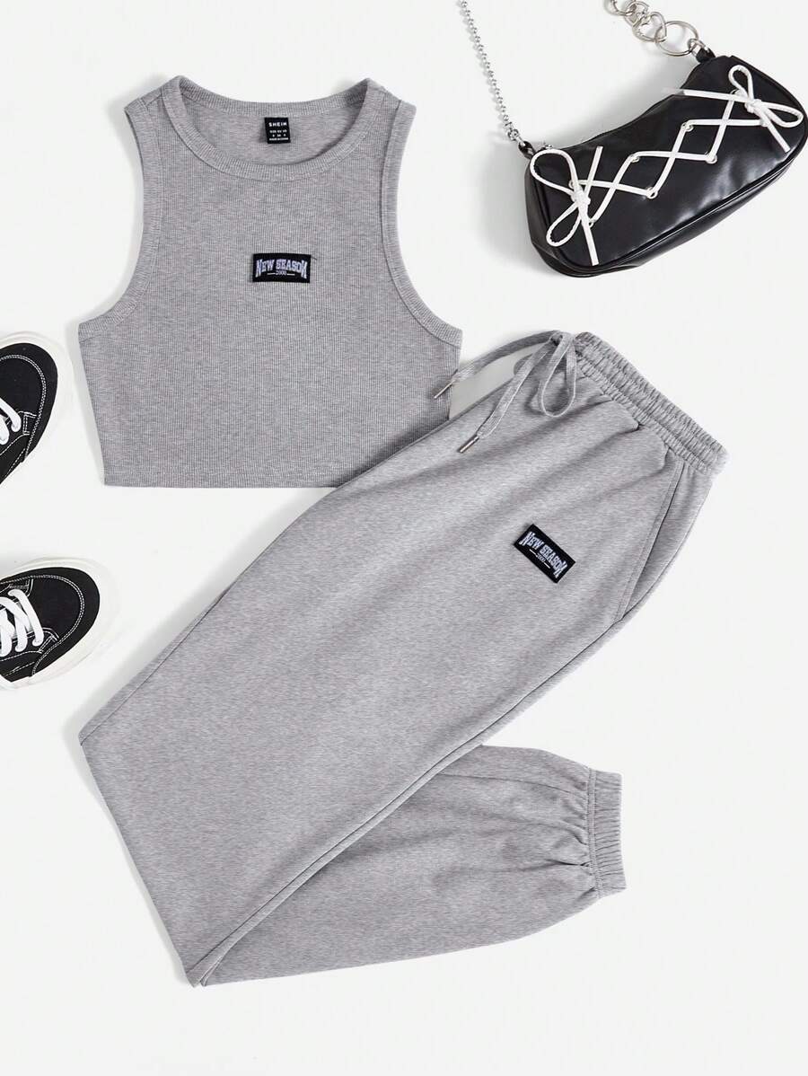 SHEIN EZwear con diseño de parche de letra Top tank & de cintura con cordón Pantalones deportivos - Gris - Ver 1