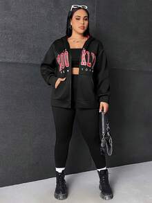 SHEIN EZwear Plus Size Letter Graphic Zip Up Drop Shoulder Sweatshirt - Black - View 6