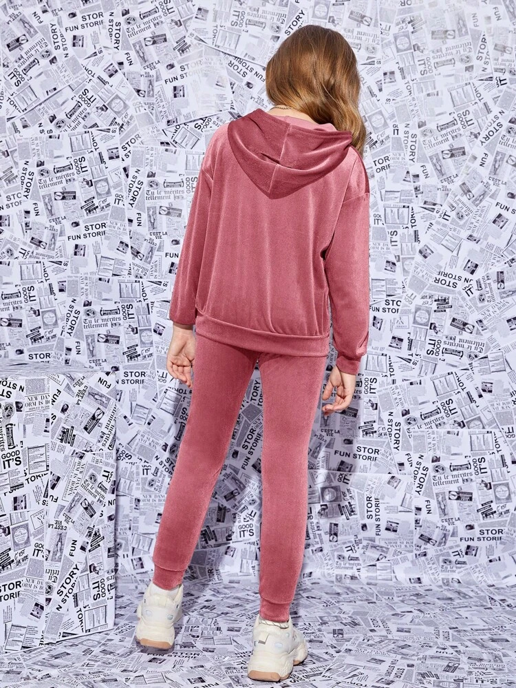 Tween Girl Velvet Hooded Sweatshirt With Letter Embroidery And Sweatpants Sports Suit, 2pcs/Set