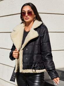 RueChic Abrigo acolchado cuello de borreguito de doble botonadura con forro teddy