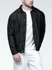 Manfinity Homme Men Plus Dual Pocket Button Up Denim Jacket - Black - View 3