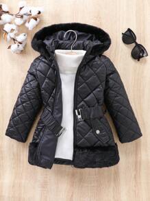 SHEIN 女小童1入組連帽衍縫腰帶外套 - 黑色 - 查看 1