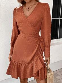 SHEIN VCAY Swiss Dot Ruffle Trim Wrap Hem Dress - Orange - View 5