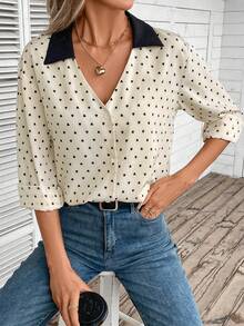 SHEIN Frenchy 愛心圖案拼接領襯衫 - 杏色 - 查看 6