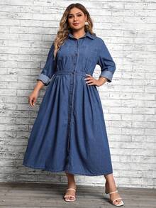 SHEIN LUNE Plus Button Front Denim Dress - Medium Wash - View 3