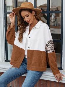 SHEIN LUNE Leopard Print Colorblock Drop Shoulder Corduroy Coat - Multicolor - View 6