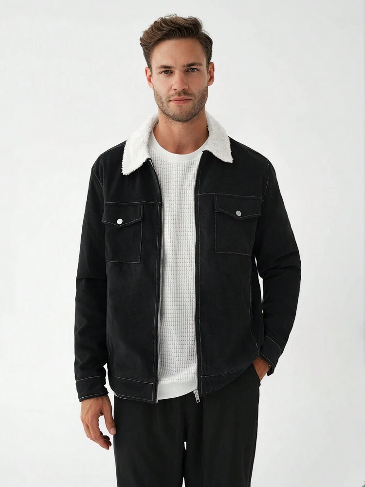 Men Borg Collar Flap Pocket Jacket