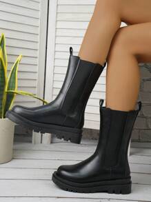 Autumn/Winter Thick Bottom Mid-Calf Elastic Double Boots For Teenagers - Black - View 1