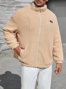 Manfinity VCAY Loose Men's Plus Size Teddy Jacket With Letter Patchwork And Drop Shoulder Design, For Fall Winter - Apricot - View 5