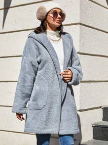 SHEIN Cottnline Drop Shoulder Hooded Teddy Coat - Grey - View 5