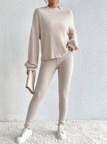 SHEIN Frenchy Mock Neck Drop Shoulder Tee & Leggings - Apricot - View 4