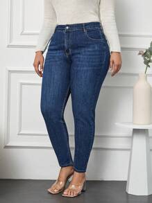 Plus Size  Zipper Fly Skinny Jeans - Navy Blue - View 3