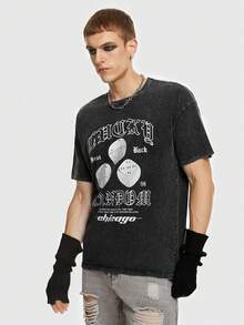 ROMWE MEN Street Life 男士骰子印花圓領休閒t恤 - 黑色 - 查看 5