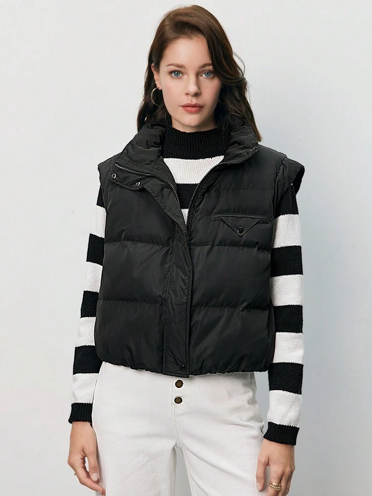 Zip Up Snap Button Gilet Winter Black Casual