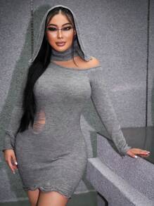 SHEIN SXY Cut Out Shoulder Hooded Bodycon Sweater Dress - Grey - View 1