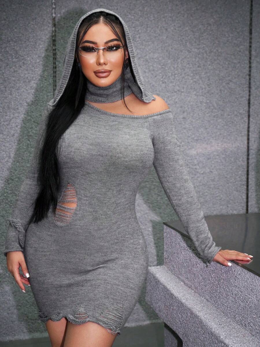 SHEIN SXY Cut Out Shoulder Hooded Bodycon Sweater Dress - Grey - View 1