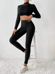 SHEIN PETITE 小高領短款T恤&緊身打底褲 - 黑色 - 查看 7
