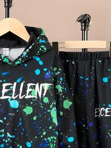 SHEIN 男大童潑墨&字母圖案連帽衫和運動褲 - 彩色 - 查看 3