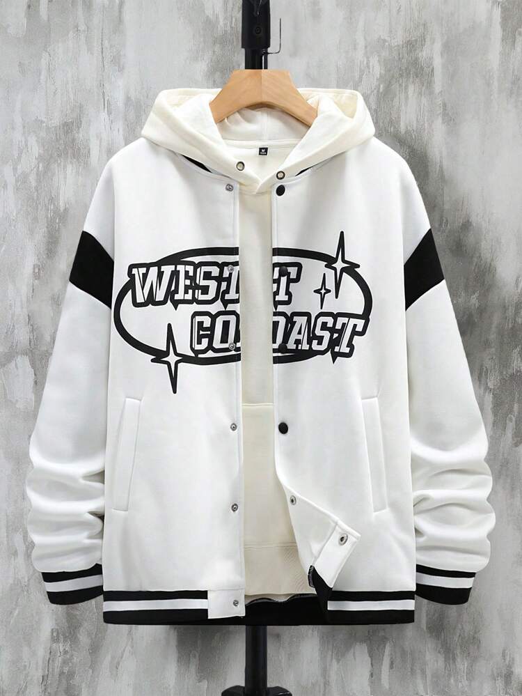 Men Plus Slogan Graphic Striped Trim Drop Shoulder Bomber Jacket Without Hoodie