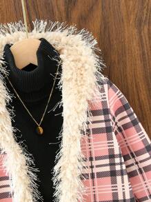 SHEIN 女小童格紋圖案毛茸邊開門襟外套無毛衣 - 粉色 - 查看 3